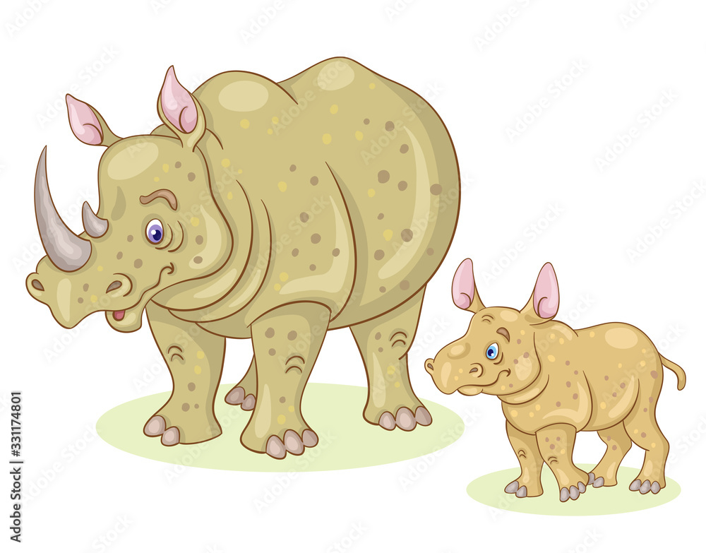 Family of cute rhinoceros. In cartoon style. Isolated on white background. Vector illustration.