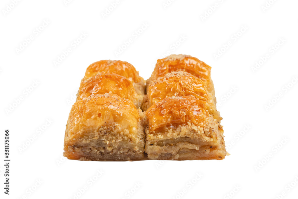 Delicious sweet baklava isolated on white background. Delicious sweet baklava isolated on white background.