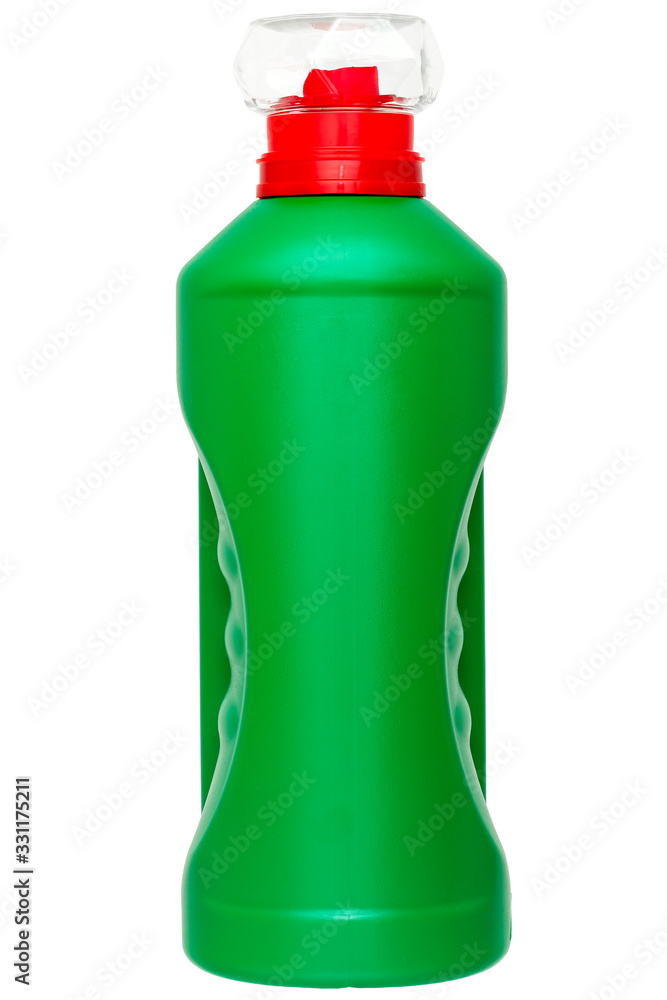 green unlabel plastic bottle with detergent with a transparent cap and a red dispenser, isolated object for disinfection front veiw on a white background.