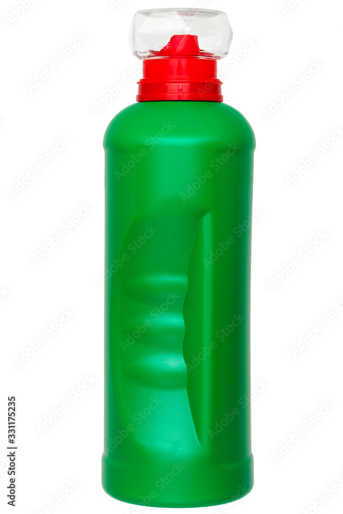 green unlabel plastic bottle with detergent with a transparent cap and a red dispenser, isolated object for disinfection side view on a white background. green unlabel plastic bottle with detergent with a transparent cap and a red dispenser, isolated object for disinfection side view on a white background.