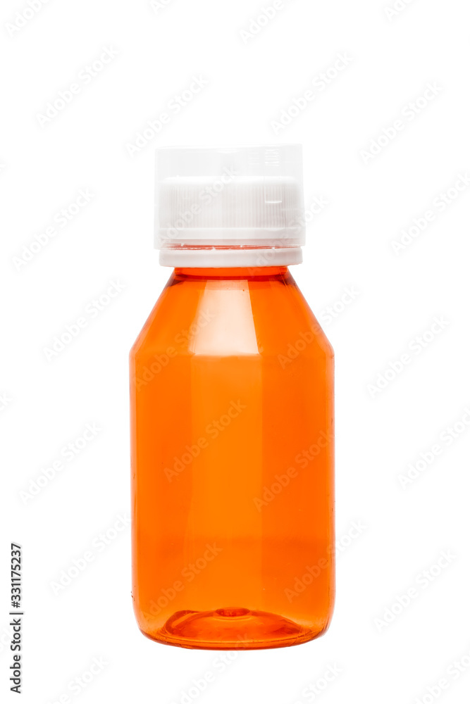 medical orange plastic syrup bottle with white cap and dispenser, mock up object isolated on white background. medical orange plastic syrup bottle with white cap and dispenser, mock up object isolated on white background.