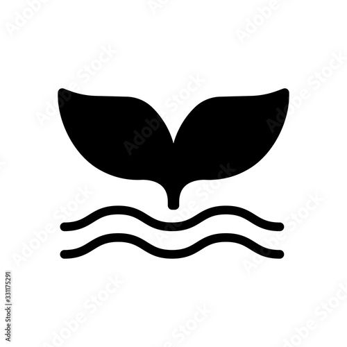 Silhouette of whale tail on wave. Black icon on white background