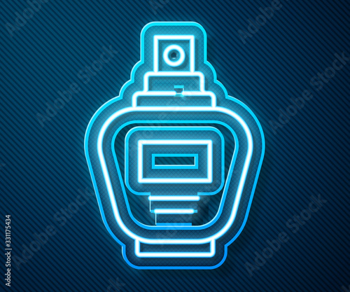 Glowing neon line Perfume icon isolated on blue background. Vector Illustration