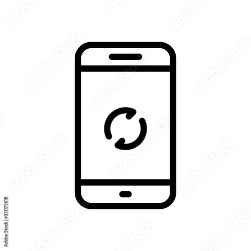 Mobile phone and update or reload sign, outline design. Black icon on white background