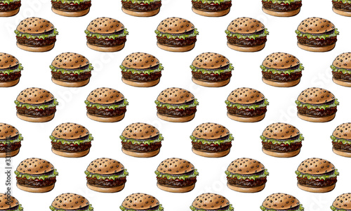 Tasty big burger seamless pattern design watercolor hand drawn