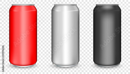 Vector realistic 3d empty glossy metal white, black and silver aluminium beer pack. bear soda and lemonade cans with water drops, energy drink blank mockup.