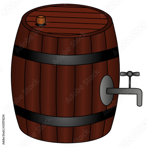 Wooden barrel. Keg of beer. Fresh foamy drink. Colored vector illustration. Isolated background.  A tap for pouring a drink comes out of the container. The barrel is closed with a cork. Cartoon style.