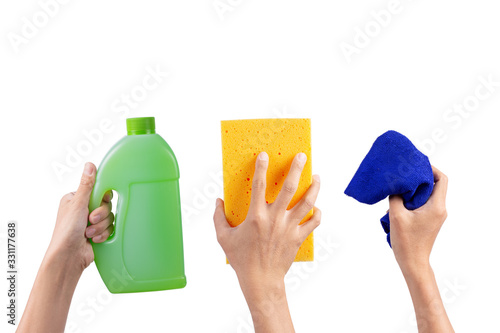 Hand holding Car wash shampoo bottle, Yellow sponge, Blue microfiber cloth isolated on white background.