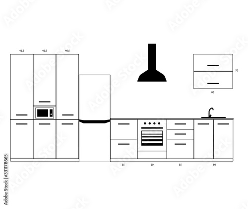 Kitchen project, design blueprint, combination idea, home furniture, arrangement plan, vector line illustration