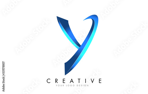 Creative Y letter logo with Blue 3D bright Swashes. Blue Swoosh Icon Vector.