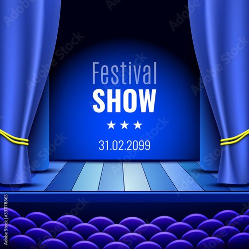 Theater stage with curtain. Podium. Poster for the show. Vector illustration.