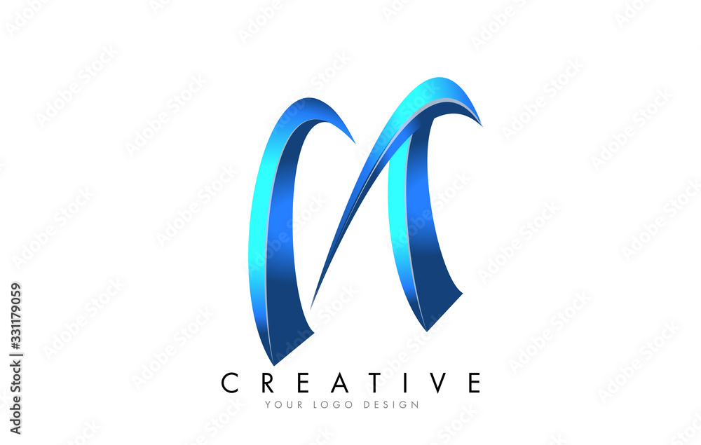 Fototapeta premium Creative N letter logo with Blue 3D bright Swashes. Blue Swoosh Icon Vector.