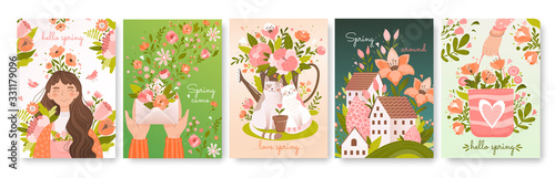 Set of five different Spring season card designs with flowers, people, houses and cats in love in muted shades of green, orange and pink, vector illustration