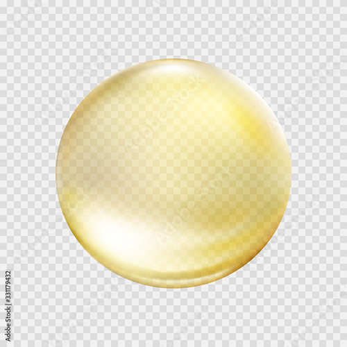Gold bubble isolated on transparent background. Cosmetic vitamin capsule or oil pill. Golden glass ball template. Vector 3d serum collagen essence.