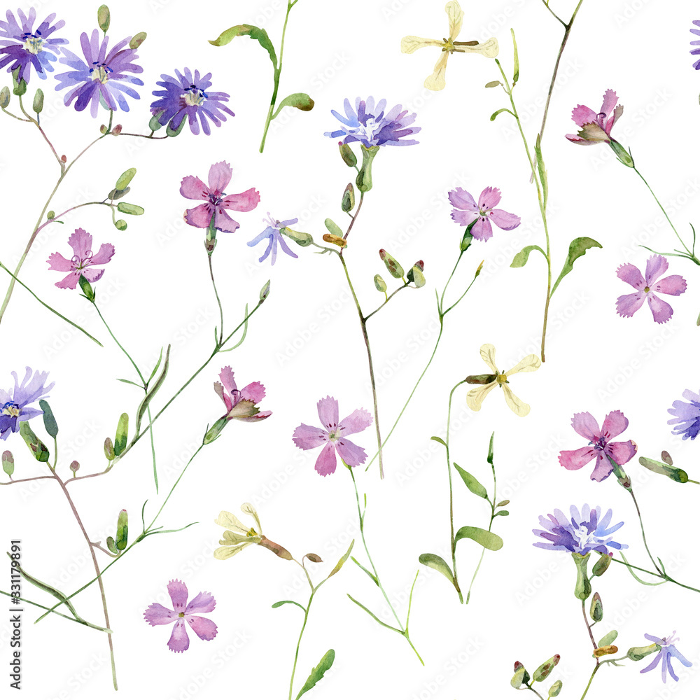 Fototapeta Seamless pattern of watercolor wild flowers on a white background
