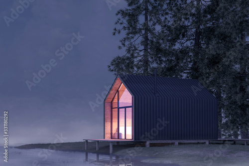 Secluded tiny house on the sandy shore of a lake with fog in a coniferous forest in the cold night light and with warm light from the Windows. Stock 3D illustration