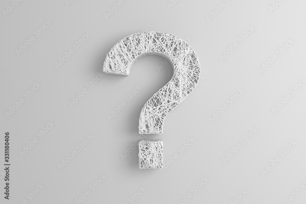 A plurality of thin filaments intertwined in the shape of a question mark on white background. 3D illustration. A plurality of thin filaments intertwined in the shape of a question mark on white background. 3D illustration.