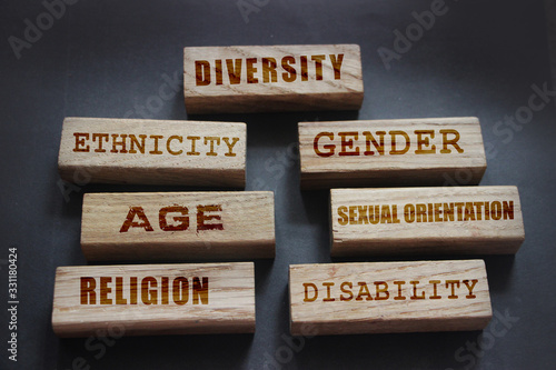 Diversity ethnicity gender age sexual orientation religion disability words written on wooden block. Equality and diversity concept photo