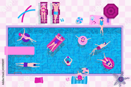 Various people in swimming pool, top view. Tan people in swimsuits vacation and rest in resort pool. Playing, sunbathing and activity in water. Fun human characters. Trendy flat vector illustration