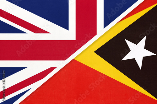 United Kingdom vs East Timor national flag from textile. Relationship between two european and asian countries.