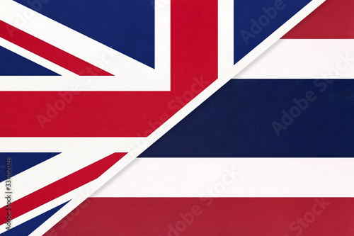 United Kingdom vs Thailand national flag from textile. Relationship between two european and asian countries.