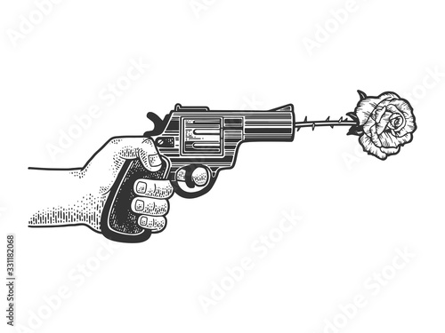 Gun shot rose flower arrow s sketch engraving vector illustration. T-shirt apparel print design. Scratch board imitation. Black and white hand drawn image.