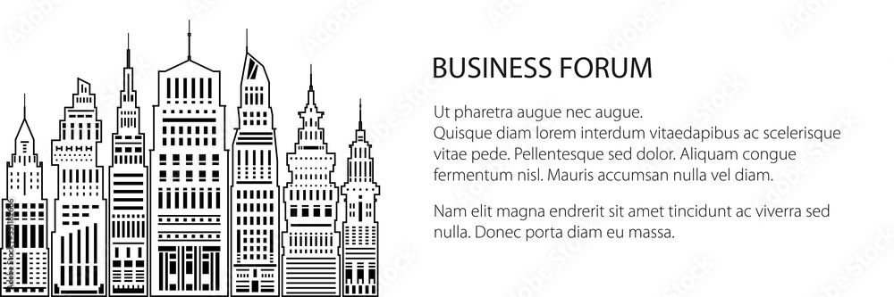 Banner of an architectural metropolis, silhouette modern big city with buildings and skyscraper, city financial center , black and white vector illustration