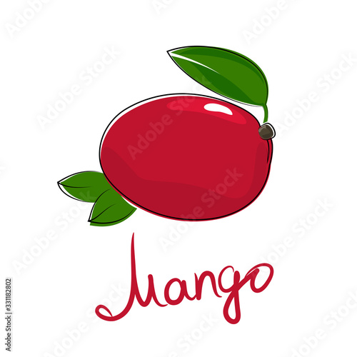 Red mango and text Mango , tropical fruit isolated on white background, vector illustration