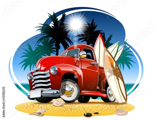 Vector cartoon retro pickup on beach