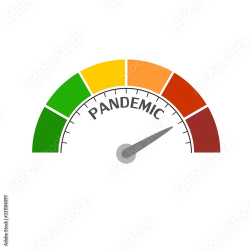 Color scale with arrow from red to green. The pandemic level measuring device icon. Sign tachometer, speedometer, indicators. Colorful infographic gauge element.