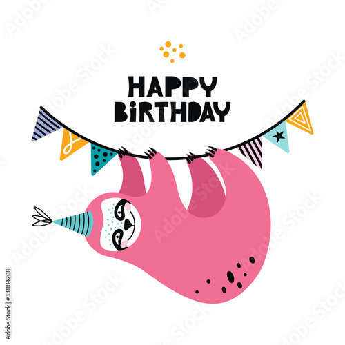 Cute kawaii sloth hanging on a festive garland with flags. Cartoon baby bear at a party. Birthday of a funny sloth. Scandinavian flat vector illustration. Design for poster, greeting, birthday card.
