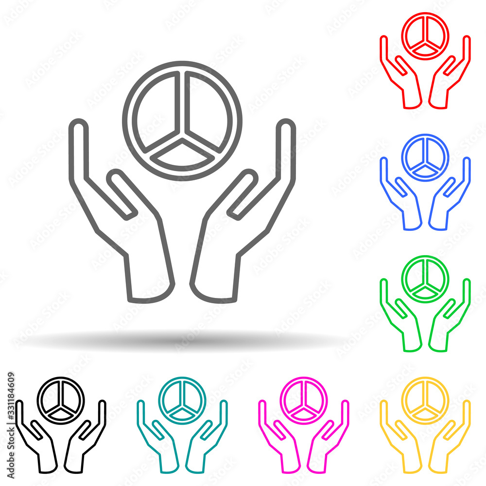 Fototapeta premium Hands and the sign of peace multi color set icon. Simple thin line, outline vector of human rights icons for ui and ux, website or mobile application