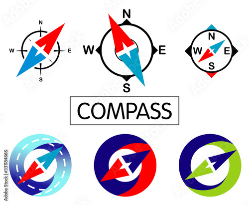 Set Icons Compass isolated on white background. Vector illustration with colored arrows.