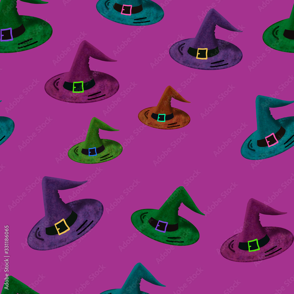 seamless pattern with multicolored witches hats on purple background. Magic, halloween pattern. Witchcraft. Packaging, wallpaper, textile, fabric design