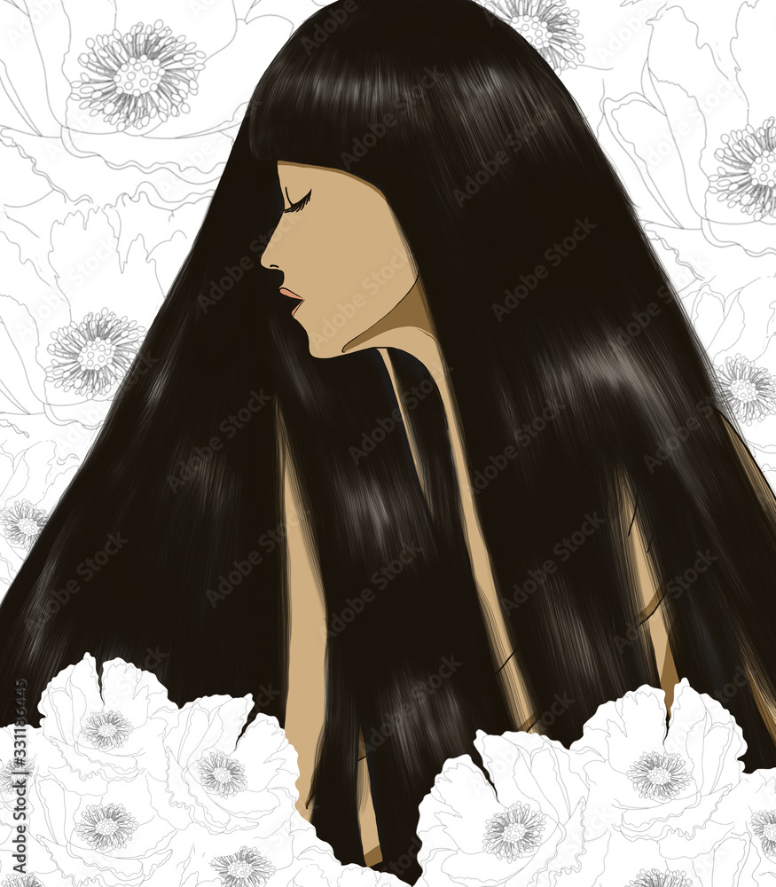 Hipster style girl character with long hair on spring flower background,  Portrai a young beautiful woman side view face, GIrl avatar face, Digital  paint Kawaii Cartoon illustration Stock Illustration | Adobe Stock