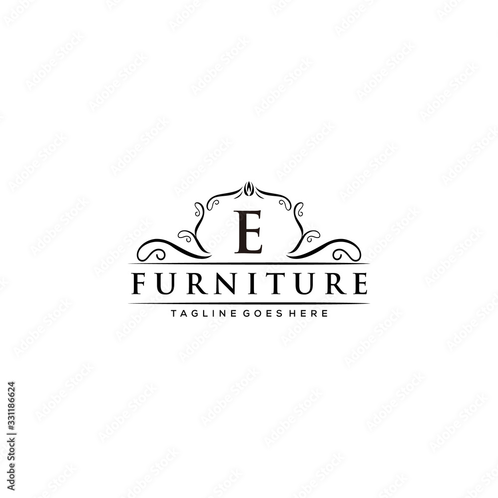 Illustration of sign E with beautiful abstract decorations around it for the luxury home furniture company logo.