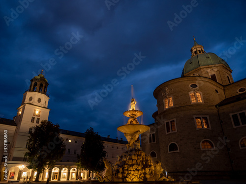 Salzburg, Austria - Oct 10th, 2019: The Residenzplatz is located in the historic centre (Altstadt) of Salzburg, enclosed by Salzburg Cathedral (Salzburger Dom)