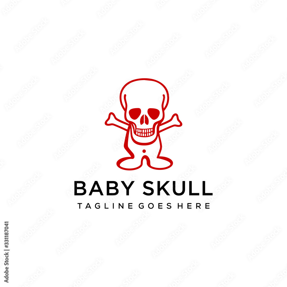 The skull in the form of line art with a body like a baby that has a very funny look logo design.