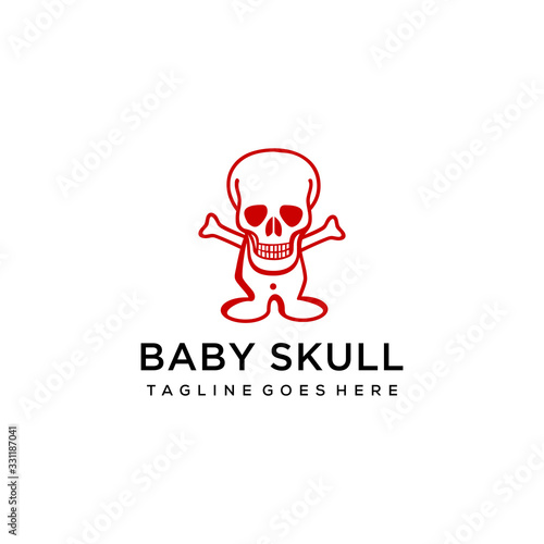 The skull in the form of line art with a body like a baby that has a very funny look logo design.