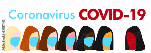 Covid 19 Coronavirus vector banner with masked people iodine without a mask Stop Novel Coronavirus outbreak covid-19 2019-nCoV symptoms in Wuhan China. Coronovirus, white background