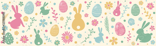 Colourful Easter concept with eggs, bunnies and flowers. Banner. Vector