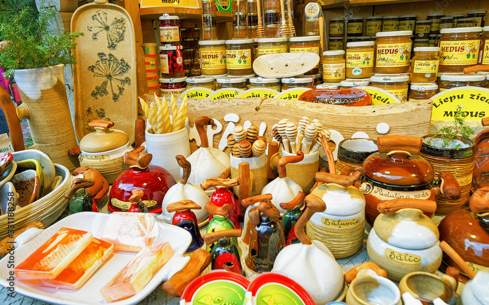 Stall with ceramics and honey products at Riga Christmas Market