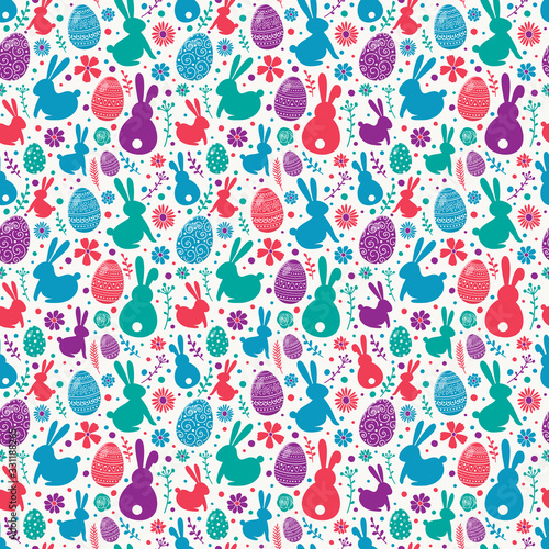 Easter texture with colourful eggs  bunnies and flowers. Seamless pattern. Vector