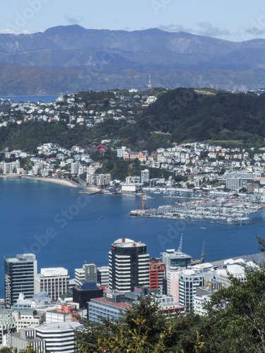 Top view of the city's downtown and residential area at Oriental bay and Mount Victoria, Wellington, New photo