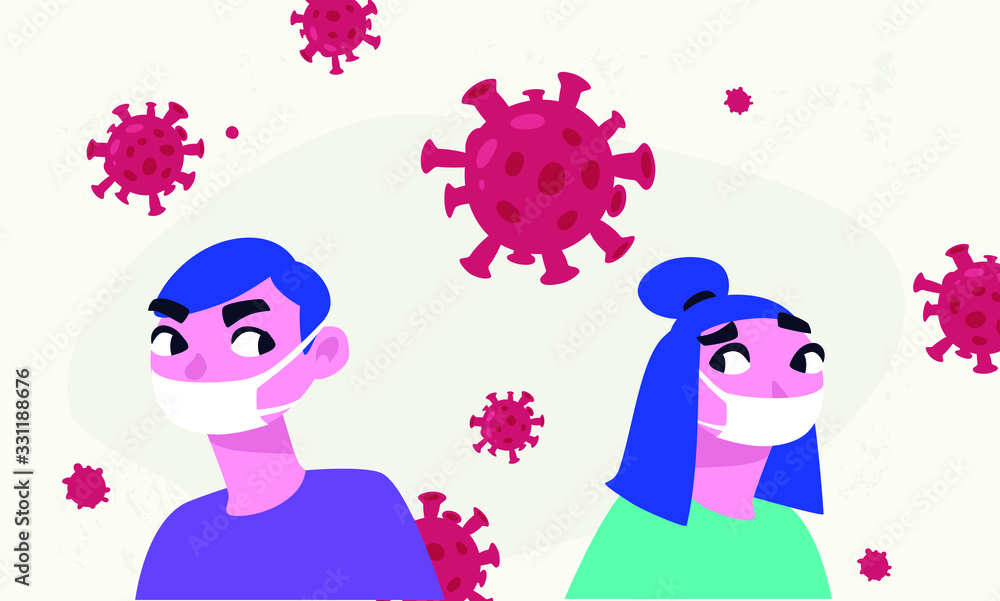 Illustration of a woman and a man in protective masks. Vector. Epidemic. Worldwide pandemic coronary virus 19. Healthy people in medical masks. Protection against viruses and bacteria. Fear of virus i
