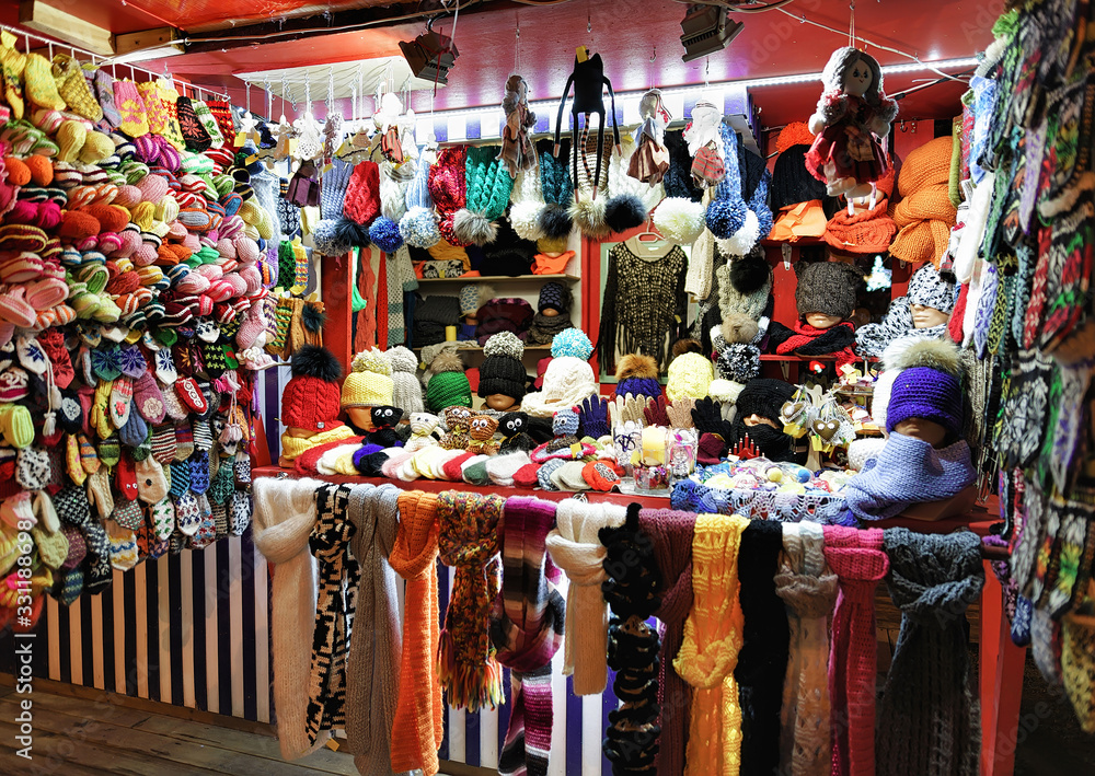 Colorful wool clothes at Riga Street Christmas Market