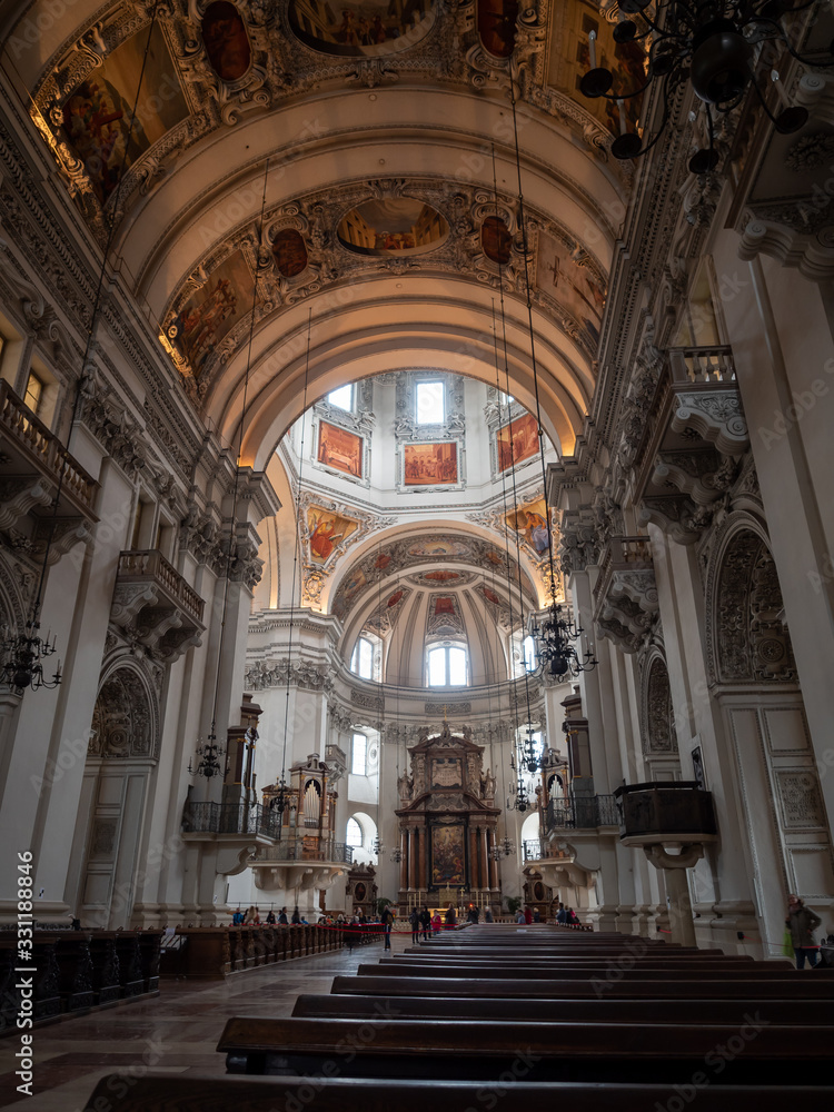 Inside interia of Salzburg Cathedral, which is the seventeenth-century Baroque cathedral of the Roman Catholic Archdiocese of Salzburg in the city of Salzburg, Austria