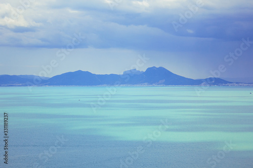 Panoramic view on the The Gulf of Tunis and Boukornine mountain near Sidi Bou Said, Tunisia