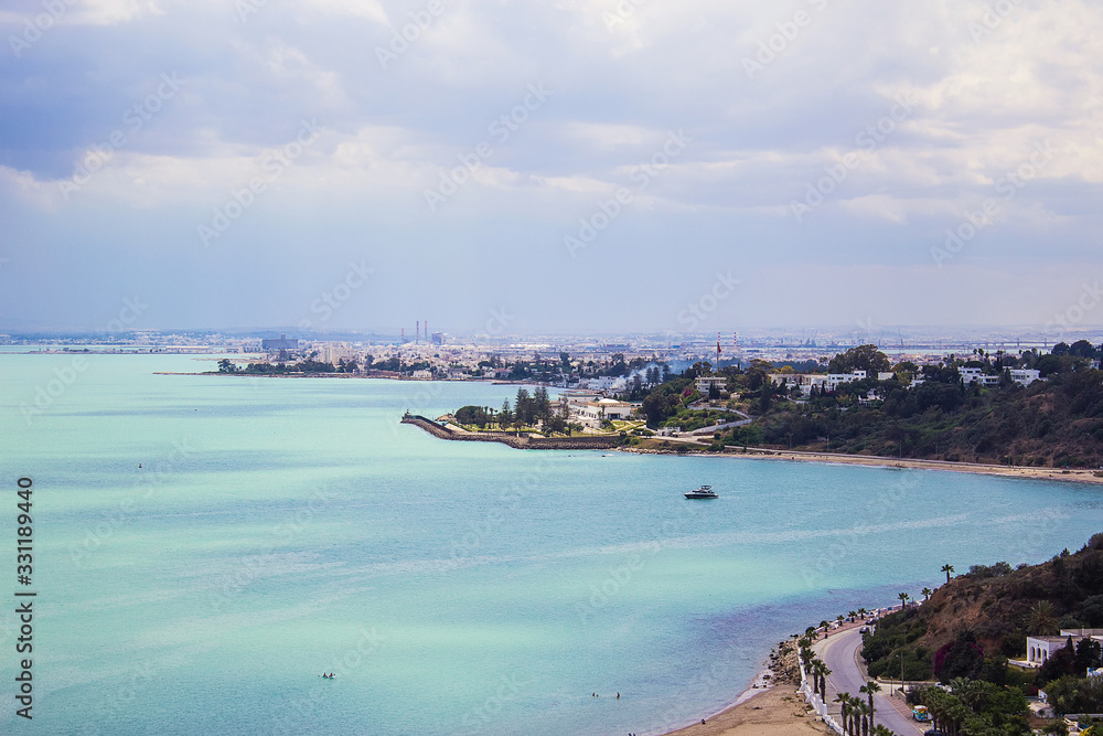 Panoramic view of seaside in Sidi Bou Said, Tunisia, North Africa