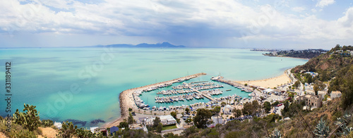 Beautiful big panorama of seaside in Sidi Bou Said, Tunisia, North Africa. Travel and vacation concept.